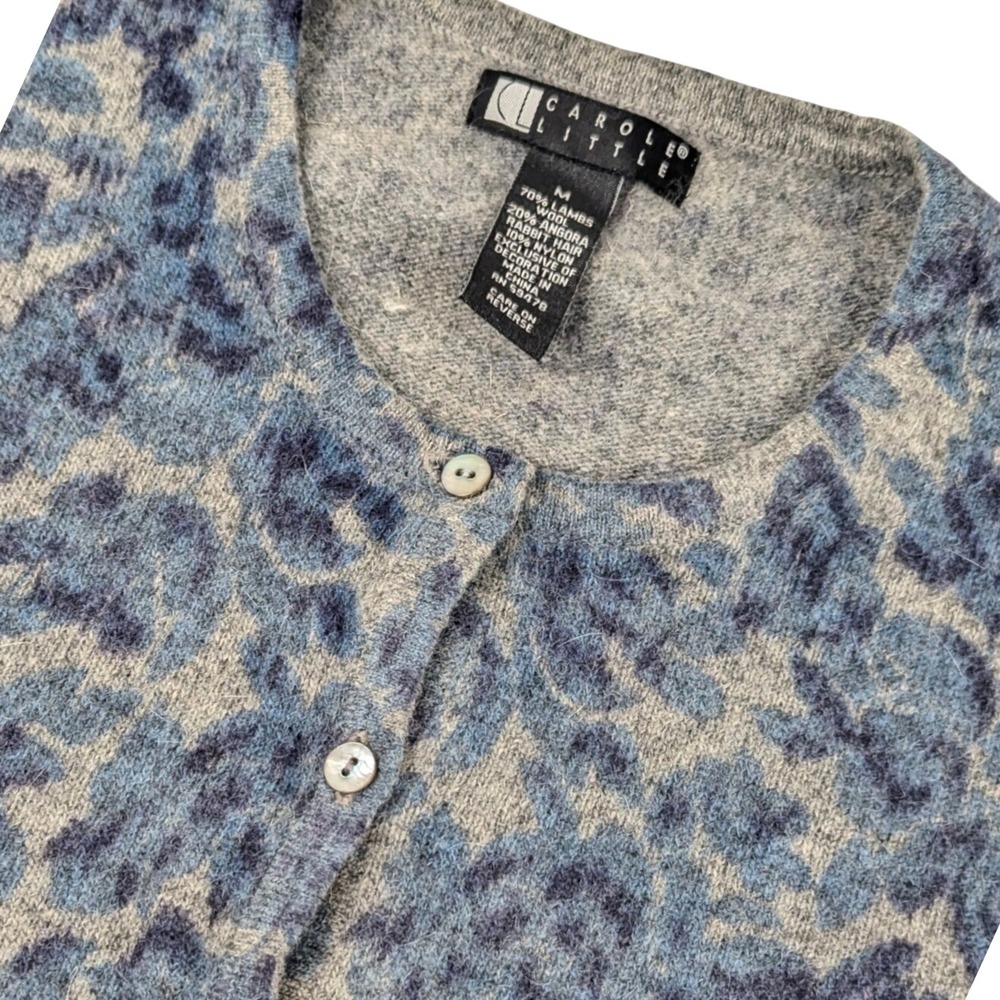 Carole Little Blue Leopard Print Lambswool Angora Cardigan Velvet Tie Medium